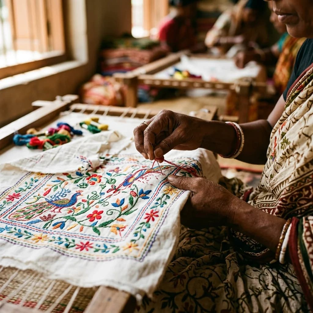 An artisan's hands stitching a colourful floral nakshi kantha panel, with thread spools beside the frame