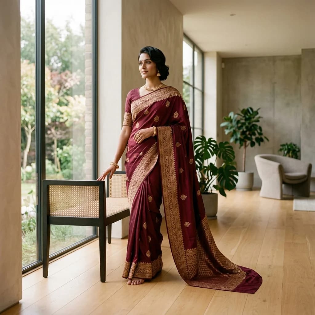 A woman in a deep maroon silk saree with gold border work, standing by a tall window in a calm, light-filled room